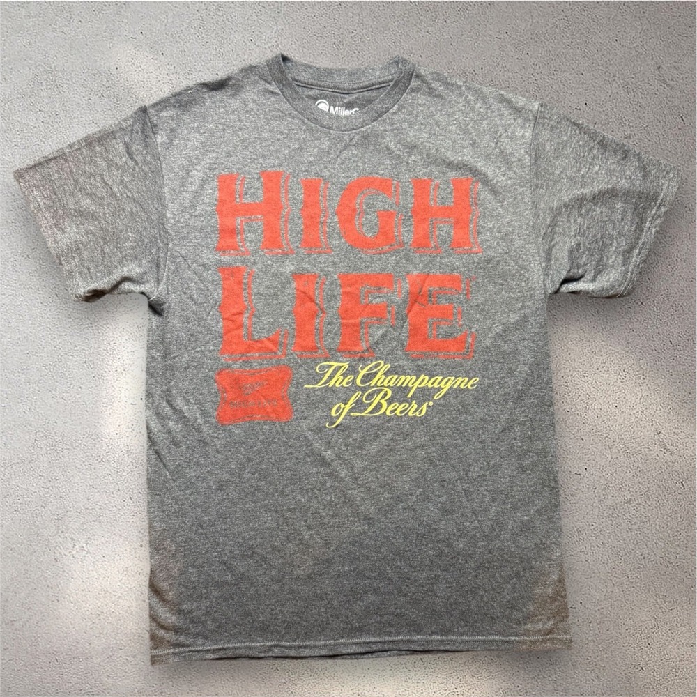 Miller High Life T Shirt Mens Medium Gray Champagne of Beers Graphic Tee 2014